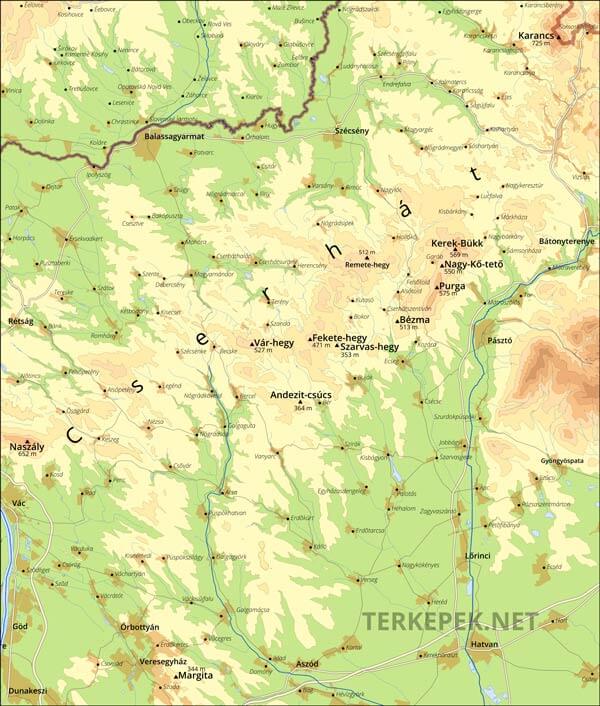 Cserhát hegység domborzati térkép